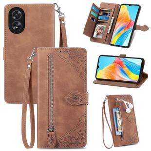 For OPPO A38 Embossed Flower Zipper Leather Phone Case(Brown)