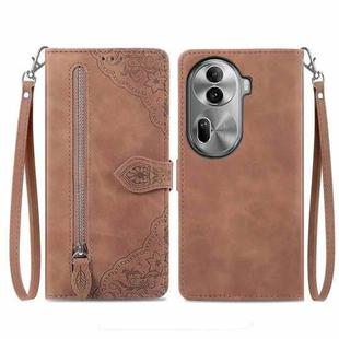 For OPPO Reno11 Pro 5G Embossed Flower Zipper Leather Phone Case(Brown)