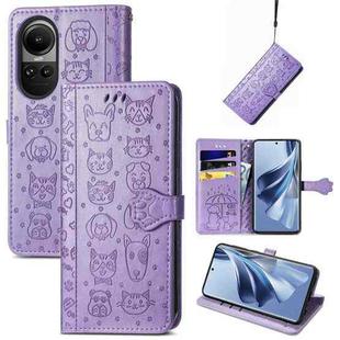 For OPPO Reno10 / Reno10 Pro Global  Cat and Dog Embossed Leather Phone Case(Purple)