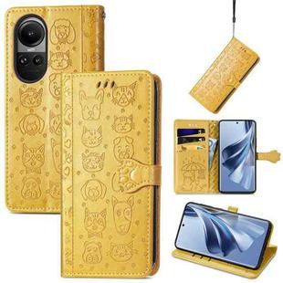 For OPPO Reno10 / Reno10 Pro Global  Cat and Dog Embossed Leather Phone Case(Yellow)