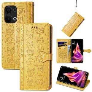 For OPPO Reno9 Pro+ Cat and Dog Embossed Leather Phone Case(Yellow)