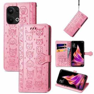 For OPPO Reno9 Pro+ Cat and Dog Embossed Leather Phone Case(Pink)