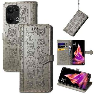 For OPPO Reno9 Pro+ Cat and Dog Embossed Leather Phone Case(Grey)