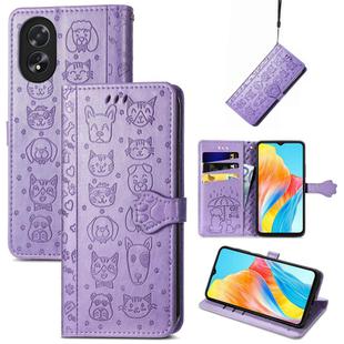 For OPPO A38 Cat and Dog Embossed Leather Phone Case(Purple)