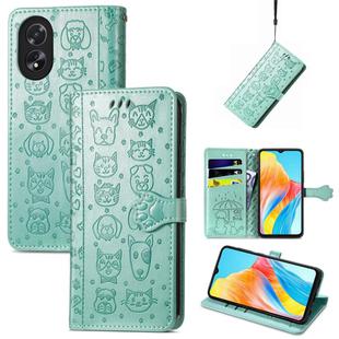 For OPPO A38 Cat and Dog Embossed Leather Phone Case(Green)