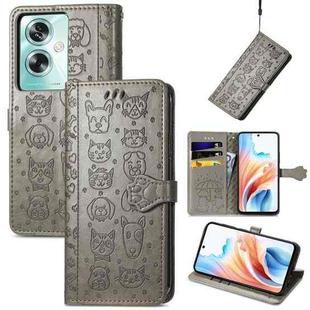 For OPPO A79 5G / A2 5G Cat and Dog Embossed Leather Phone Case(Grey)