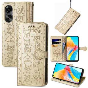 For OPPO A78 4G Cat and Dog Embossed Leather Phone Case(Gold)