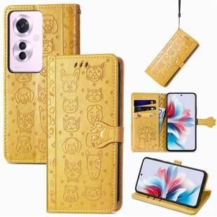 ForOPPO Reno11 F 5G Cat and Dog Embossed Leather Phone Case(Yellow)