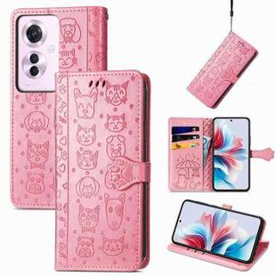 ForOPPO Reno11 F 5G Cat and Dog Embossed Leather Phone Case(Pink)
