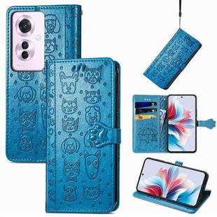 ForOPPO Reno11 F 5G Cat and Dog Embossed Leather Phone Case(Blue)