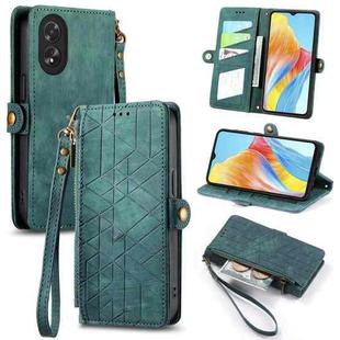 For OPPO A38 Geometric Zipper Wallet Side Buckle Leather Phone Case(Green)