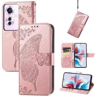 For OPPO Reno11 F 5G Butterfly Love Flower Embossed Leather Phone Case(Rose Gold)