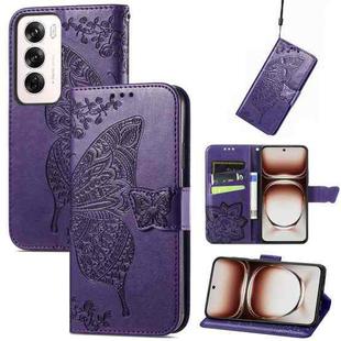 For OPPO Reno12 Pro Global Butterfly Love Flower Embossed Leather Phone Case(Dark Purple)