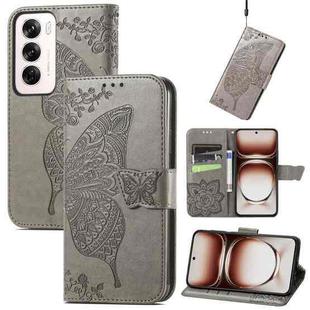 For OPPO Reno12 Pro Global Butterfly Love Flower Embossed Leather Phone Case(Grey)