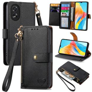 For OPPO A38 Love Zipper Lanyard Leather Phone Case(Black)