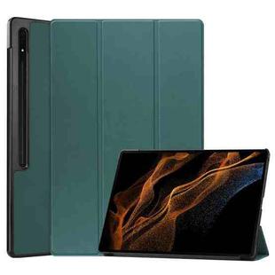 For Samsung Galaxy Tab S9 Ultra JUNSUNMAY Custer Solid Color 3-Fold Stand Leather Smart Tablet Case(Dark Green)