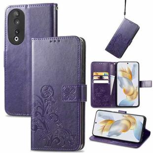 For Honor 90 5G Four-leaf Clasp Embossed Buckle Leather Phone Case(Purple)