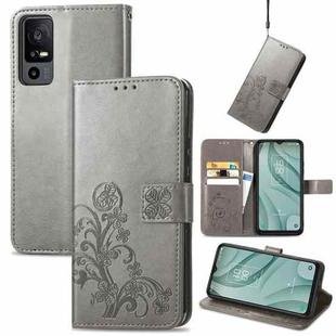 For TCL 40 XE 5G Four-leaf Clasp Embossed Buckle Leather Phone Case(Gray)