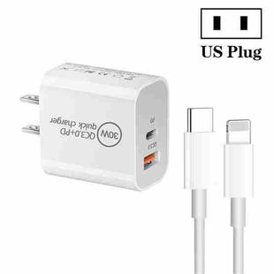 PD30W USB-C / Type-C + QC3.0 USB Dual Port Charger with 1m Type-C to 8 Pin Data Cable, US Plug
