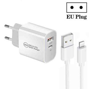 PD30W USB-C / Type-C + QC3.0 USB Dual Port Charger with 1m USB to 8 Pin Data Cable, EU Plug