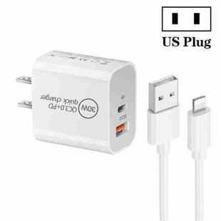 PD30W USB-C / Type-C + QC3.0 USB Dual Port Charger with 1m USB to 8 Pin Data Cable, US Plug
