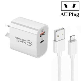 PD30W USB-C / Type-C + QC3.0 USB Dual Port Charger with 1m USB to 8 Pin Data Cable, AU Plug