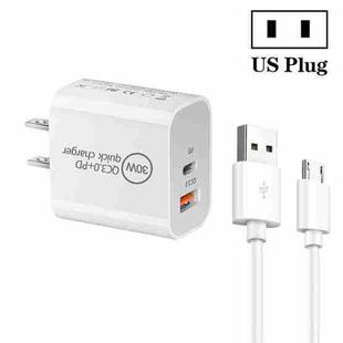 PD30W USB-C / Type-C + QC3.0 USB Dual Port Charger with 1m USB to Micro USB Data Cable, US Plug