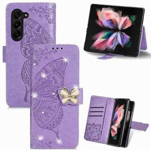 For  Samsung Galaxy Z Fold5  5G Rhinestones Butterfly Love Flower Embossed Leather Phone Case(Light Purple)