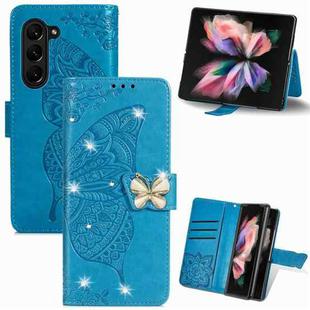 For  Samsung Galaxy Z Fold5  5G Rhinestones Butterfly Love Flower Embossed Leather Phone Case(Blue)