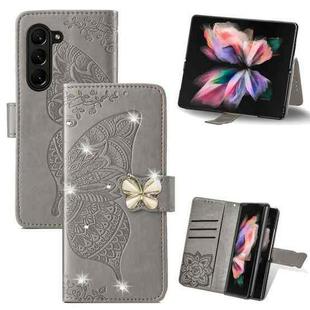 For  Samsung Galaxy Z Fold5  5G Rhinestones Butterfly Love Flower Embossed Leather Phone Case(Grey)