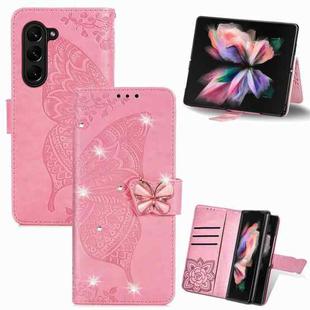 For  Samsung Galaxy Z Fold5  5G Rhinestones Butterfly Love Flower Embossed Leather Phone Case(Pink)