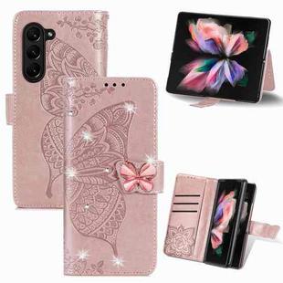 For  Samsung Galaxy Z Fold5  5G Rhinestones Butterfly Love Flower Embossed Leather Phone Case(Rose  Gold)