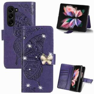 For  Samsung Galaxy Z Fold5  5G Rhinestones Butterfly Love Flower Embossed Leather Phone Case(Dark Purple)