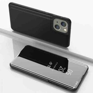 For iPhone 15 Plated Mirror Horizontal Flip Leather Phone Case with Holder(Black)