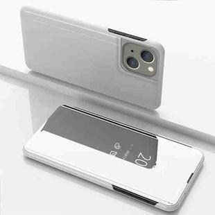 For iPhone 15 Plus Plated Mirror Horizontal Flip Leather Phone Case with Holder(Silver)