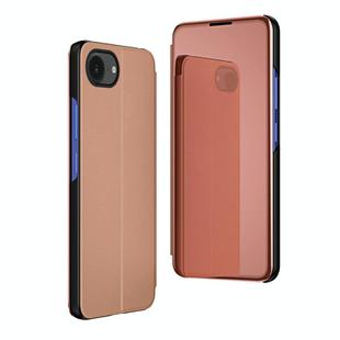 For iPhone 16e Plated Mirror Horizontal Flip Leather Phone Case with Holder(Rose Gold)