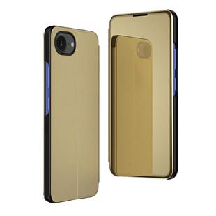 For iPhone 16e Plated Mirror Horizontal Flip Leather Phone Case with Holder(Gold)