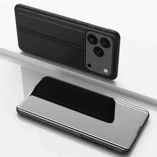 For iPhone 17 Pro Max Plated Mirror Horizontal Flip Leather Phone Case with Holder(Black)