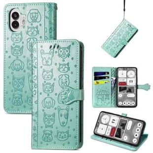 For Nothing Phone 2 Cat and Dog Embossed Leather Phone Case(Green)