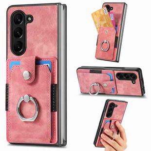 For  Samsung Galaxy Z Fold5 5G Retro Skin-feel Ring Multi-card Wallet Phone Case(Pink)