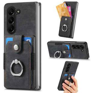 For Samsung Galaxy Z Fold6 5G Retro Skin-feel Ring Multi-card Wallet Phone Case(Black)