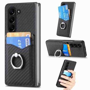 For Samsung Galaxy Z Fold5 5G Carbon Fiber Card Wallet Ring Holder Phone Case(Black)