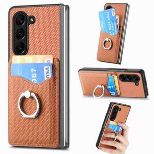 For Samsung Galaxy Z Fold5 5G Carbon Fiber Card Wallet Ring Holder Phone Case(Brown)