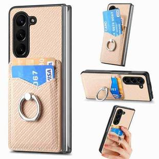 For Samsung Galaxy Z Fold6 5G Carbon Fiber Card Wallet Ring Holder Phone Case(Khaki)