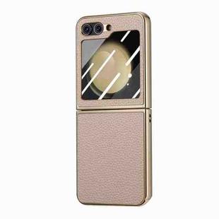 For Samsung Galaxy Z Flip5 5G Electroplated Back Screen Integrated Litchi Texture Phone Case(Khaki)