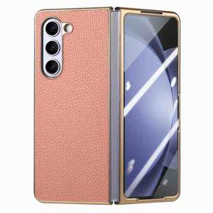 For Samsung Galaxy Z Fold5 5G Integrated Film Electroplated Leather Phone Case(Rose  Gold)