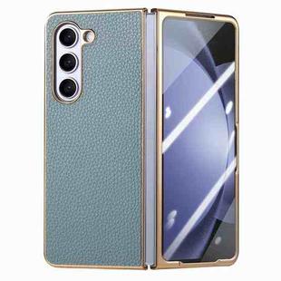 For Samsung Galaxy Z Fold5 5G Integrated Film Electroplated Leather Phone Case(Blue)