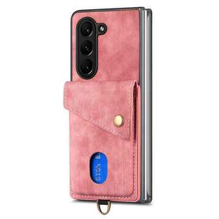 For Samsung Galaxy Z Fold5 5G Retro Card Wallet Fold Leather Phone Case with Strap(Pink)