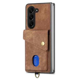 For Samsung Galaxy Z Fold5 5G Retro Card Wallet Fold Leather Phone Case with Strap(Brown)