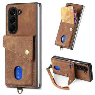 For Samsung Galaxy Z Fold6 5G Retro Card Wallet Fold Leather Phone Case with Strap(Brown)